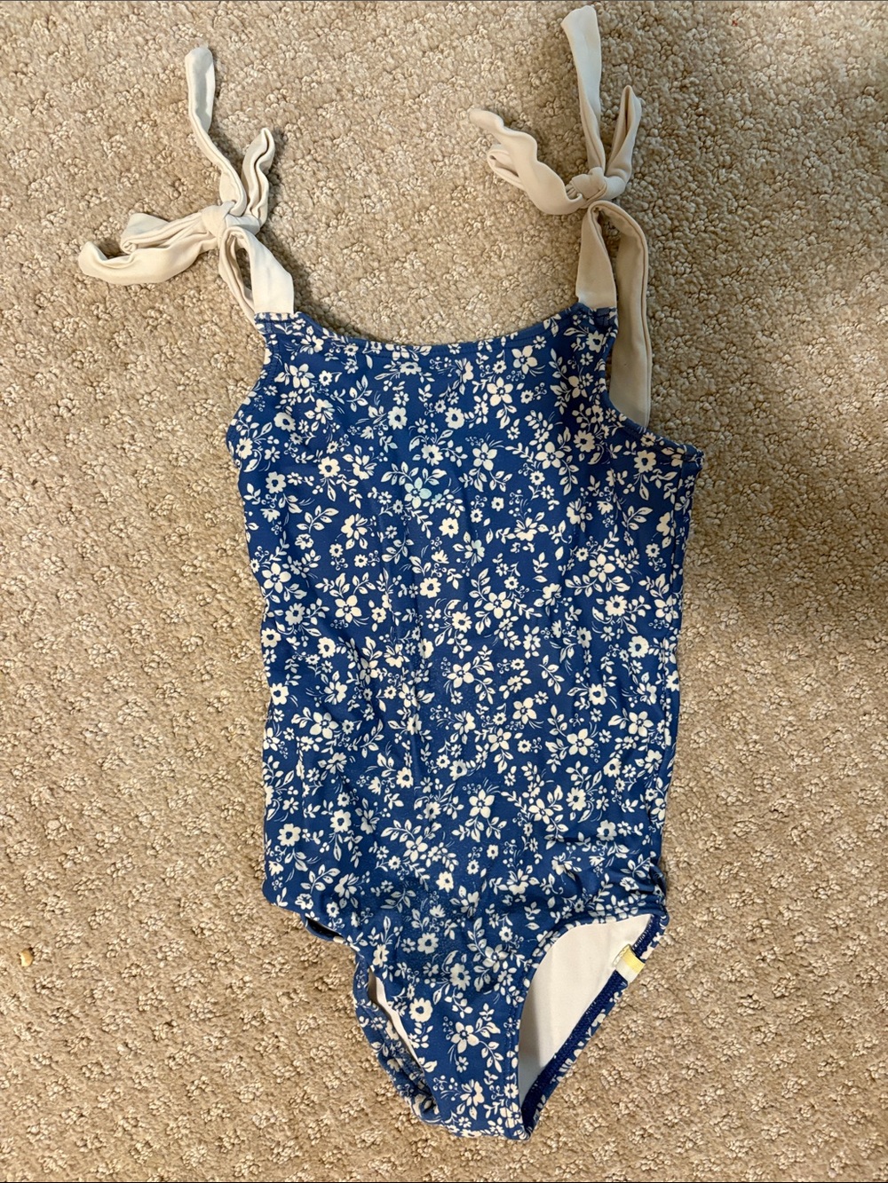 2T girls' Blue Floral One-Piece Swimsuit with Cream Tie Straps